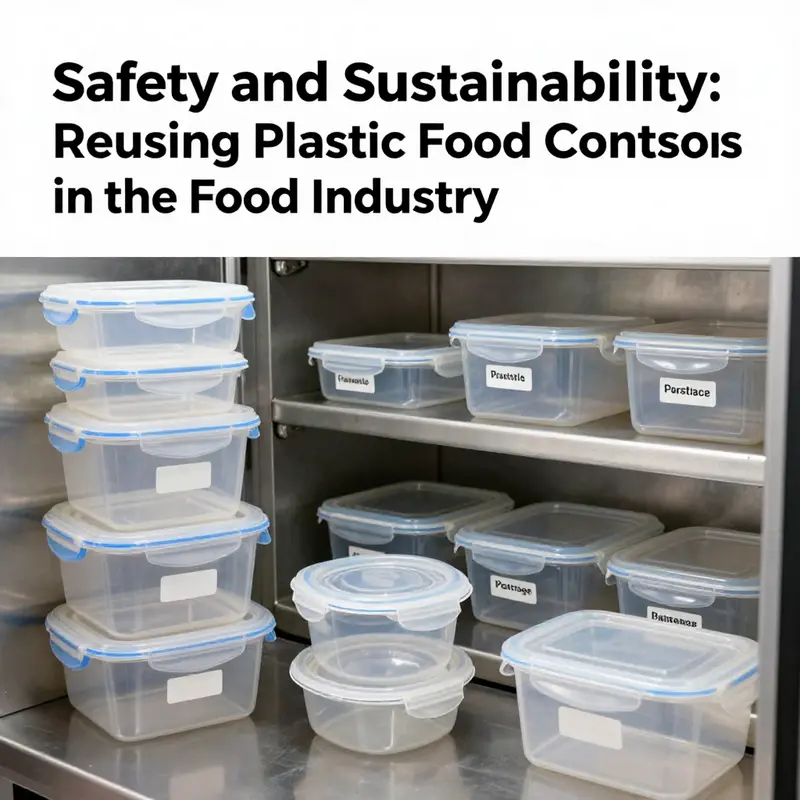 Staff ensuring safety and hygiene of reused plastic food containers in a bustling kitchen.