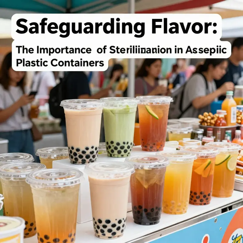 A colorful market scene featuring various beverages in sterilized plastic packages, showcasing consumer enjoyment.
