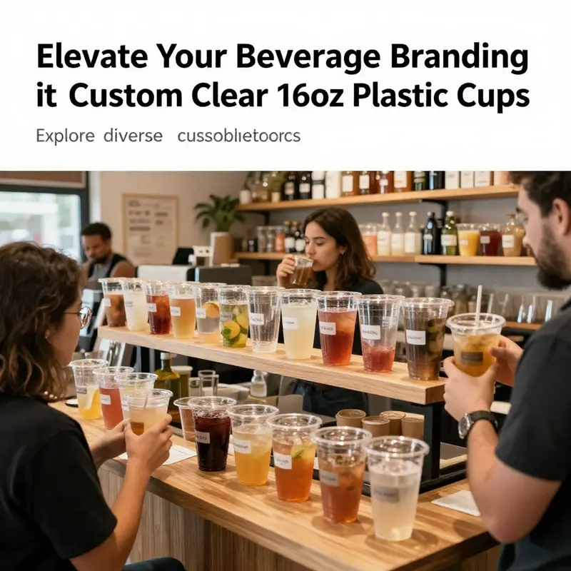 A bustling beverage shop showcasing the use of custom clear 16oz plastic cups by customers.