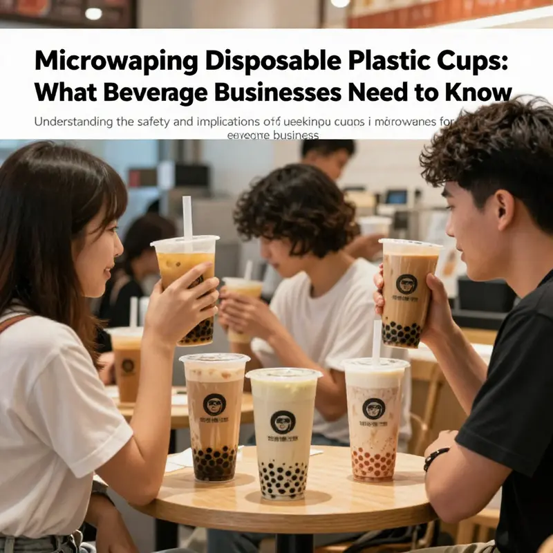 A lively bubble tea shop scene with customers savoring their drinks in disposable plastic cups, illustrating a thriving business.