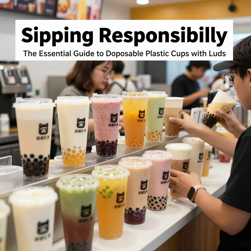 A vibrant bubble tea shop showcasing the popularity of disposable plastic cups with lids.