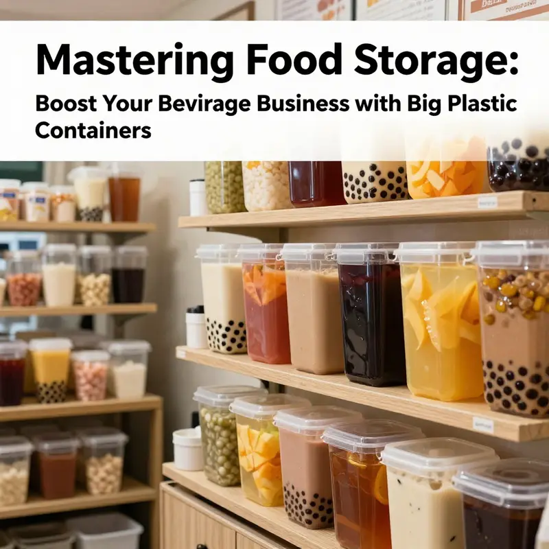 Organized ingredients in large plastic containers enhance operational efficiency in beverage shops.
