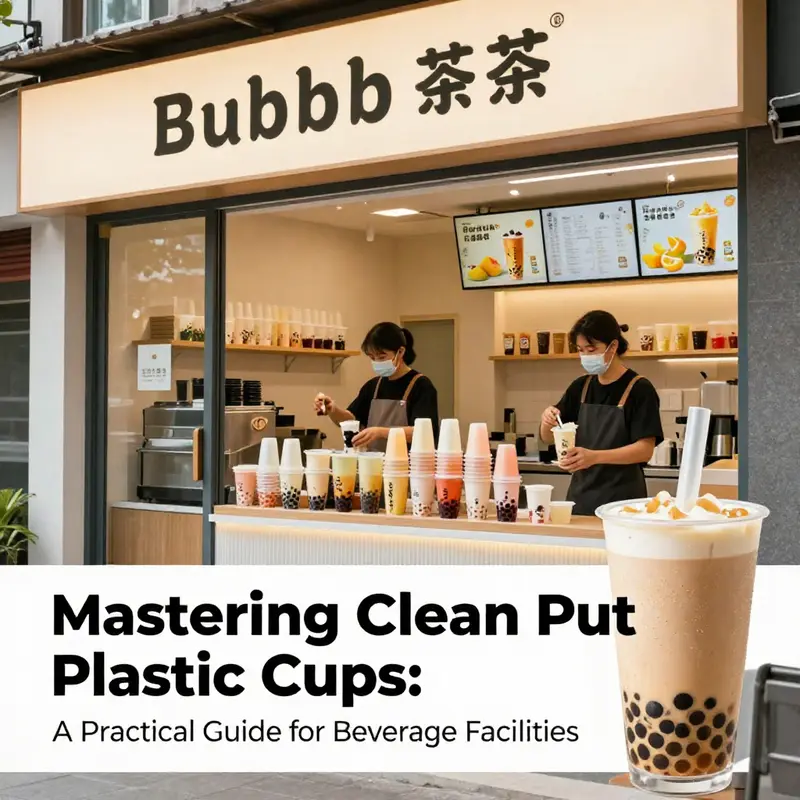 Bubble tea shop scene emphasizing cleanliness and proper use of plastic cups.