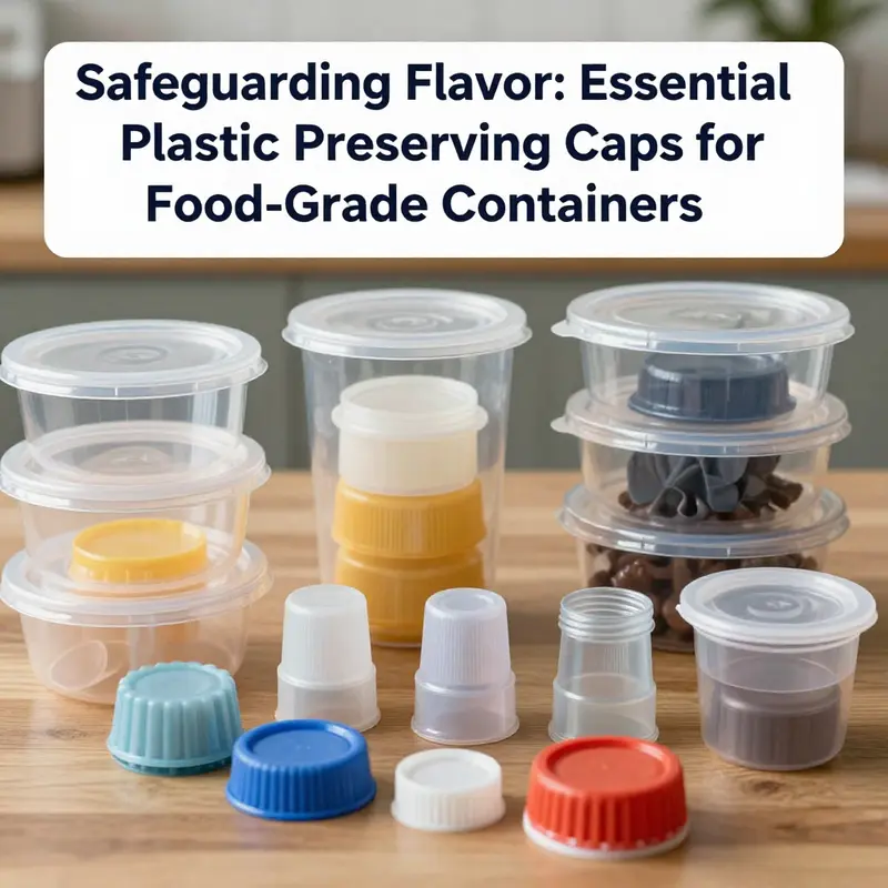 Different types of food-grade plastic caps demonstrating material safety standards.