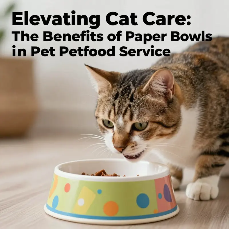 A smiling cat eating from a vibrant paper bowl, promoting the use of disposable bowls in cat feeding.