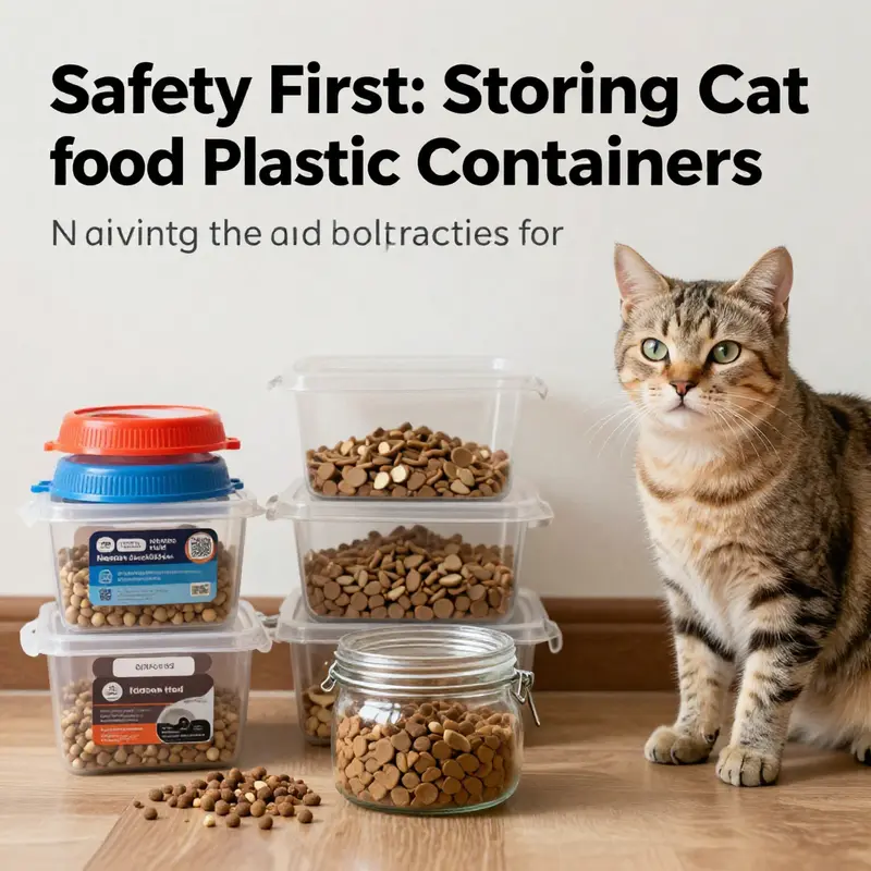 An infographic displaying safe and unsafe methods of storing cat food, emphasizing the importance of health safety.