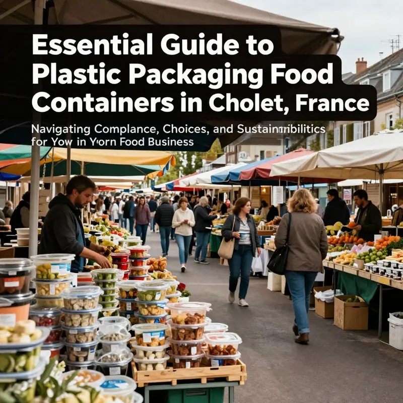 A lively marketplace in Cholet with food vendors using plastic containers for their products.