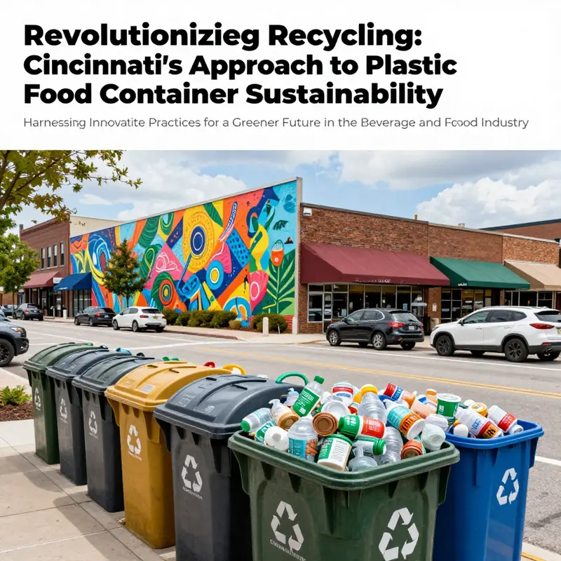 A cityscape of Cincinnati emphasizing its dedication to recycling, featuring colorful murals and active community roles in sustainable practices.