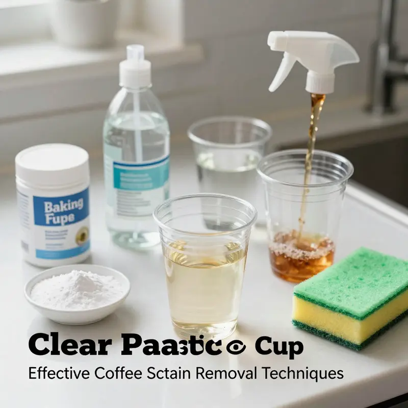 Using baking soda to effectively remove coffee stains from a clear plastic cup.