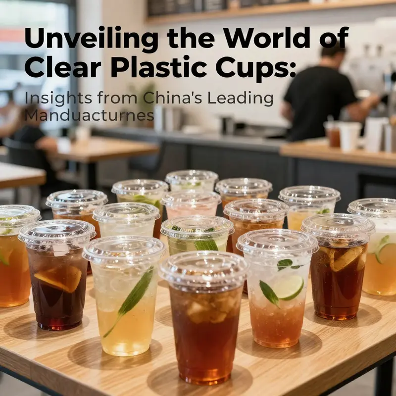 Various clear plastic cups filled with drinks displayed in a lively cafe environment.