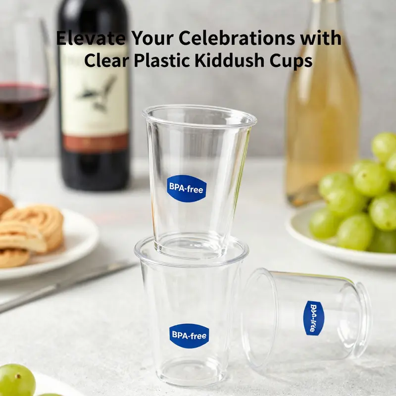 Elegant design of clear plastic Kiddush cups, emphasizing their transparency and material safety.