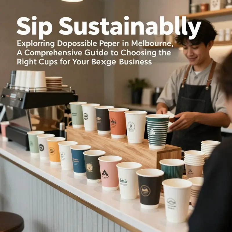 A colorful display of disposable paper cups at a coffee shop with a barista serving customers.