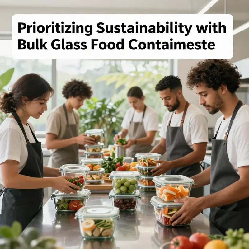 A food service team in a modern kitchen packing dishes into glass food containers, reflecting sustainable practices.