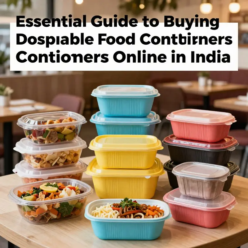 An assortment of vibrant disposable food containers set in a restaurant environment.