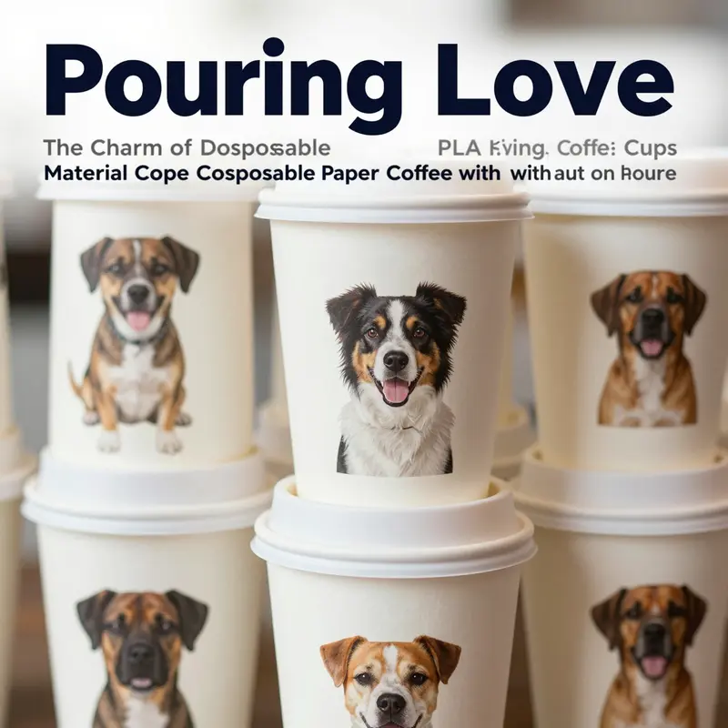 A lively arrangement of dog-themed disposable coffee cups that enhances the cafe atmosphere.