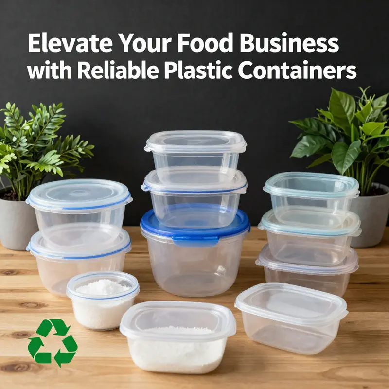 Properly organized stacks of plastic food containers in a busy restaurant kitchen.