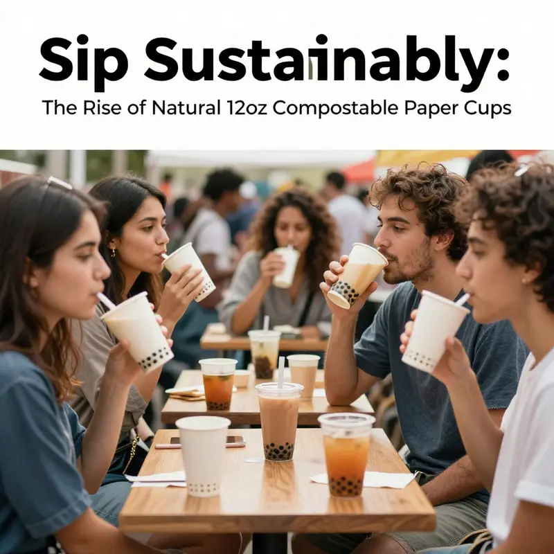 Natural 12oz compostable paper cups displayed outdoors, emphasizing their sustainable design and composting benefits.