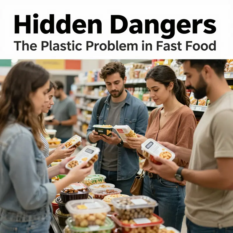 Fast food items prepared in a kitchen showing the use of plastic packaging, highlighting the presence of harmful chemicals.