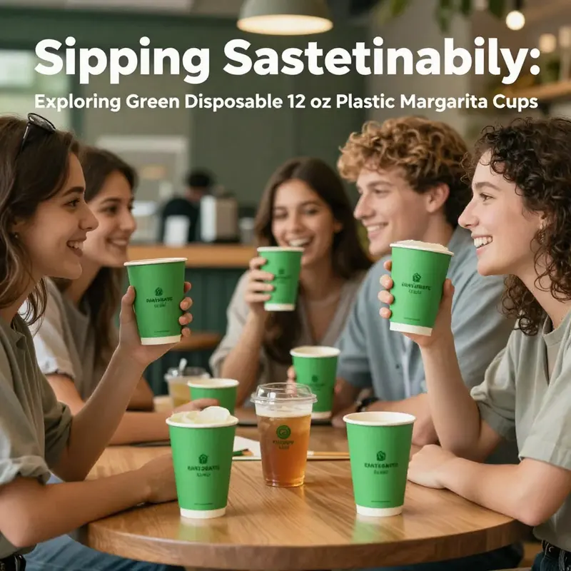 A display of vibrant green biodegradable margarita cups reflecting current market trends in eco-friendly beverage service.