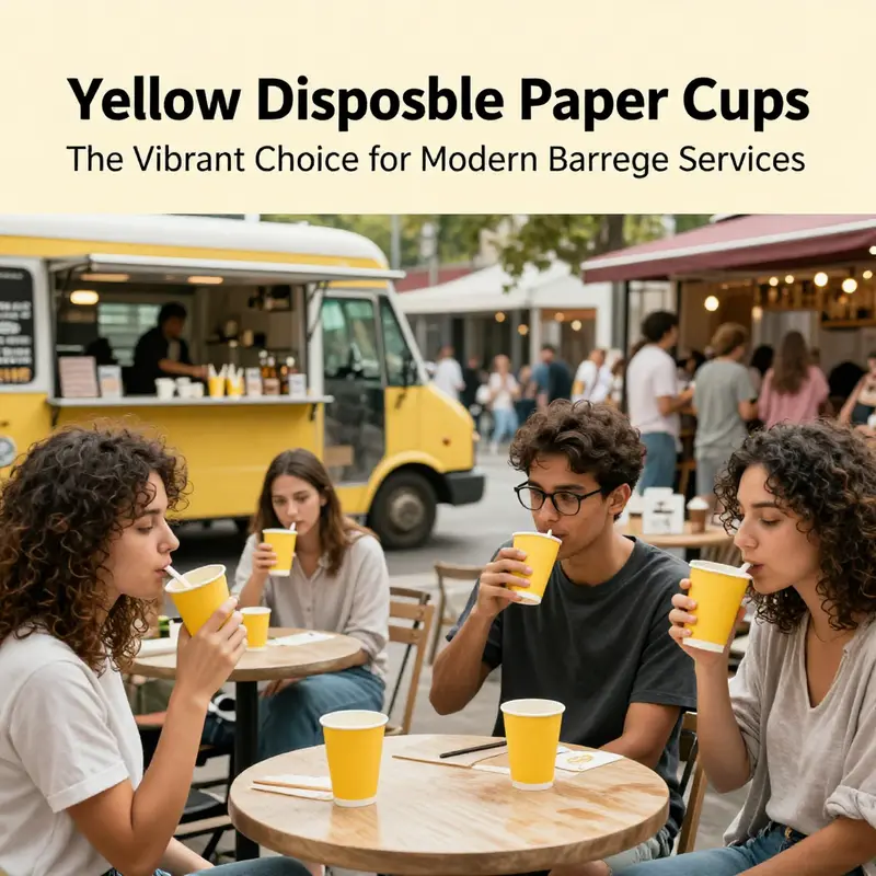 Vibrant display of yellow disposable paper cups at a market reflecting current trends.