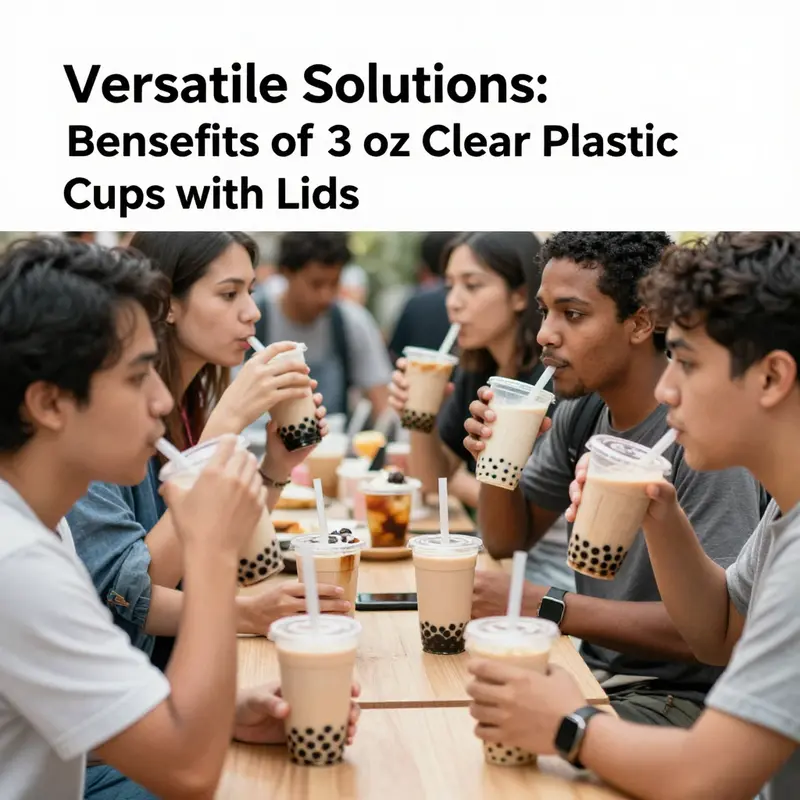 A display of 3 oz clear plastic cups showcasing their versatility in serving bubble tea and desserts.