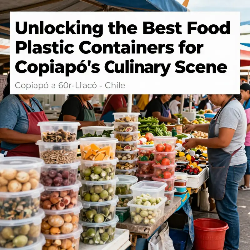 A market scene in Copiapó with food vendors using a variety of plastic containers.