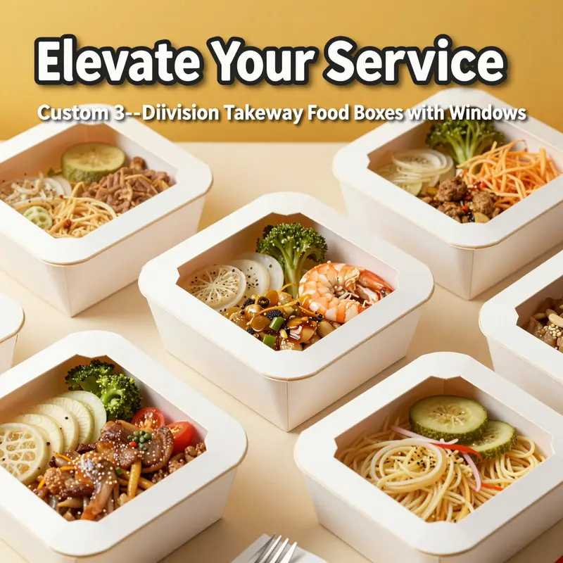 A visually appealing display of 3-division takeaway food boxes filled with various foods to showcase their design and utility.