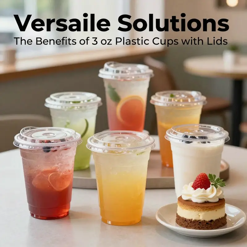 An arrangement of colorful bubble tea and desserts in 3 oz clear plastic cups in a cafe setting.