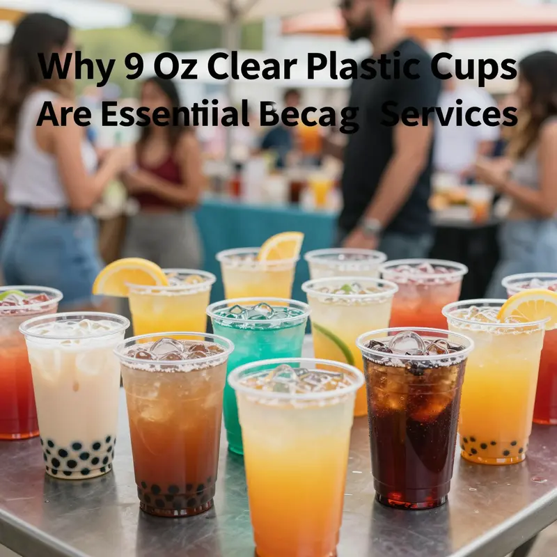 A collection of colorful 9 oz clear plastic cups filled with different beverages at a lively event backdrop, showcasing versatility in service.