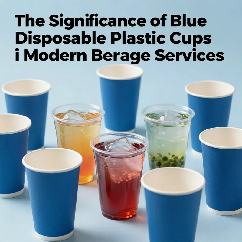 An array of blue disposable plastic cups filled with different beverages, showcasing their popularity in beverage services.