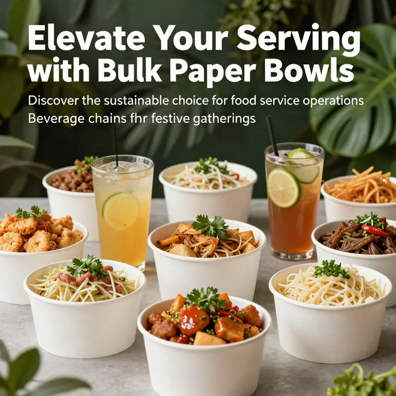 An array of bulk paper bowls filled with diverse foods, showcasing their versatility and sustainable materials in an attractive setting.