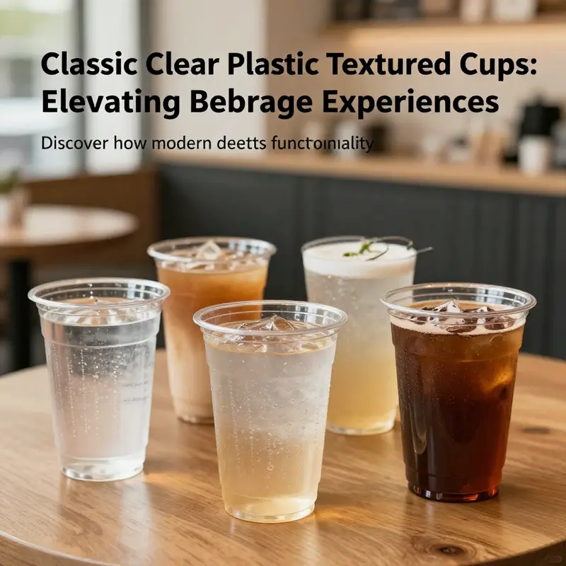 An array of clear textured cups filled with drinks on a café table, highlighting their stylish functionality.