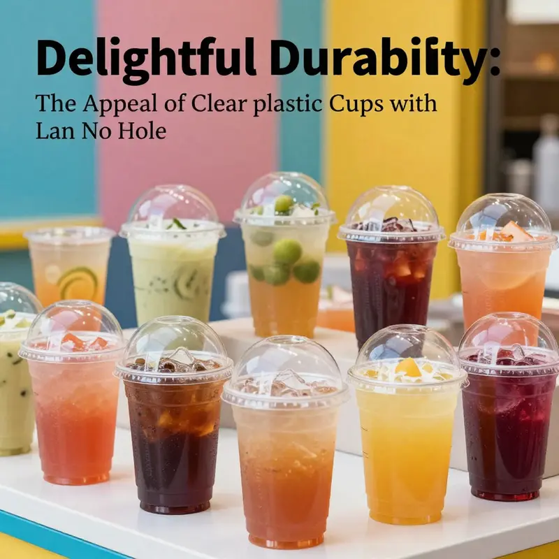Colorful display of clear plastic cups with dome lids filled with beverages and desserts.