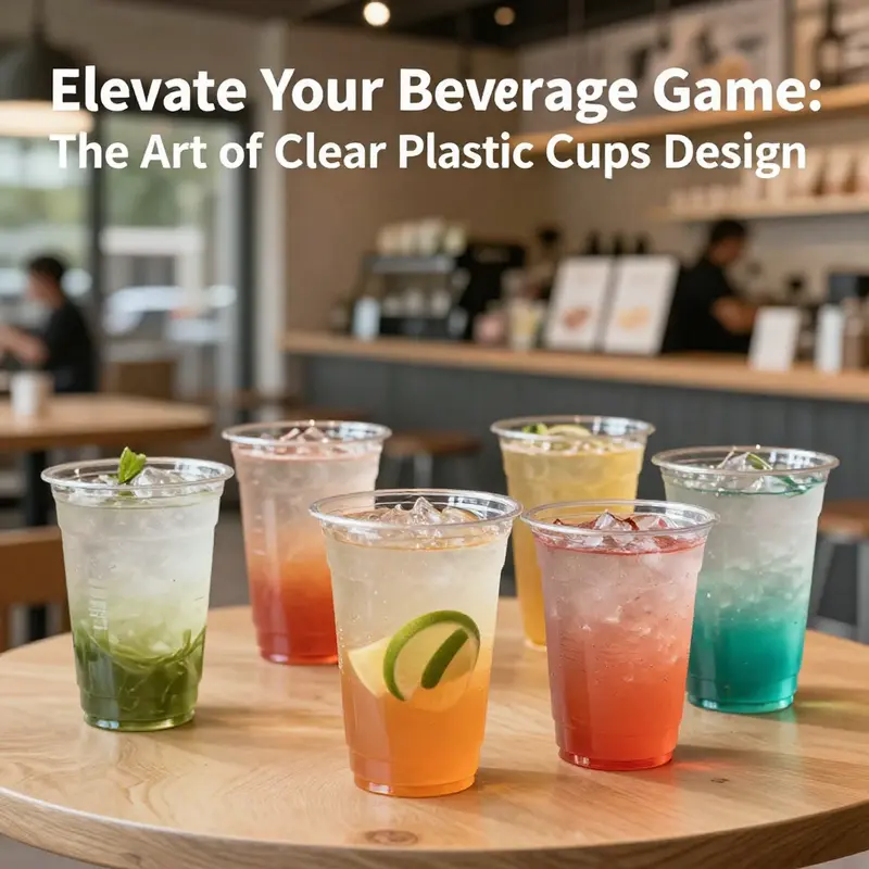 A vibrant café scene featuring an array of clear plastic cups filled with colorful drinks.