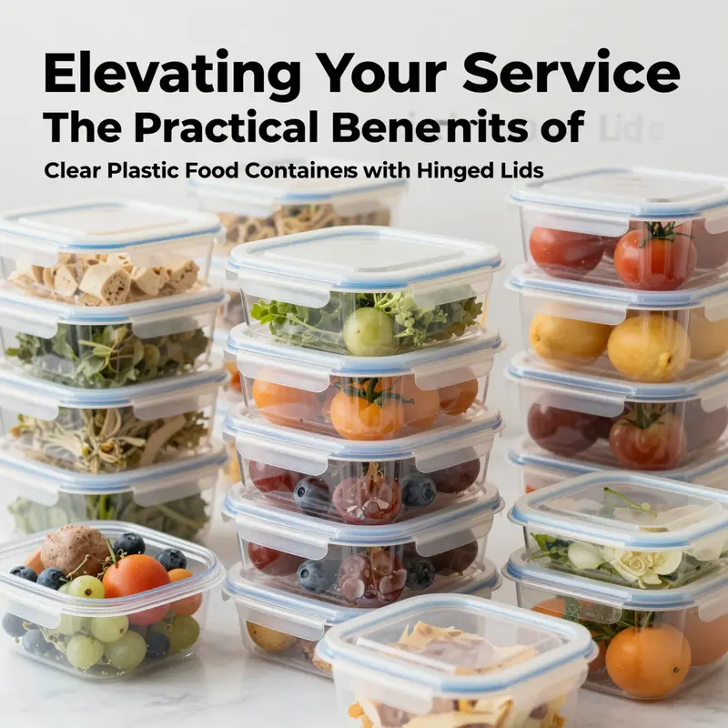 An array of clear plastic food containers with hinged lids filled with vibrant food, representing their use in various food service applications.