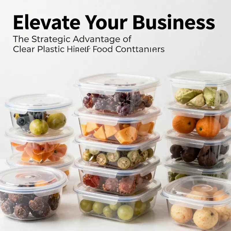 An appealing variety of clear plastic hinged food containers exhibiting colorful food items, representing modern packaging solutions.