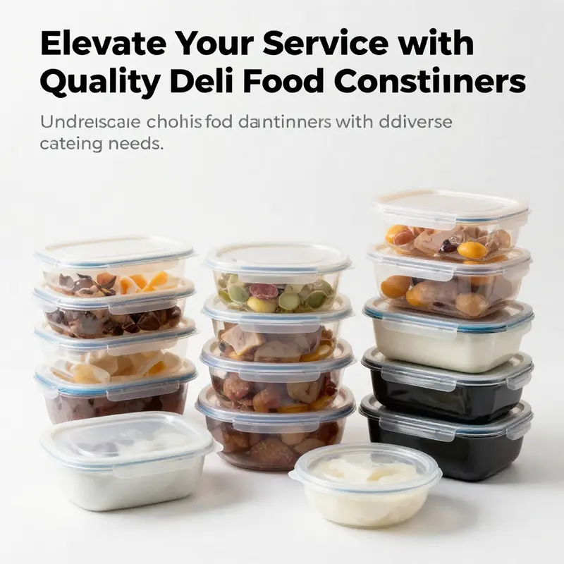 A diverse range of deli food containers with lids presented on a clean surface, showcasing different sizes and materials.