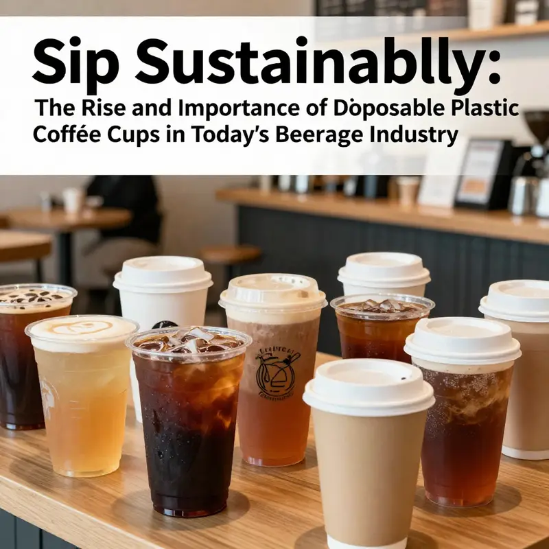 A bright and lively coffee shop scene with different disposable coffee cups filled with beverages on display.