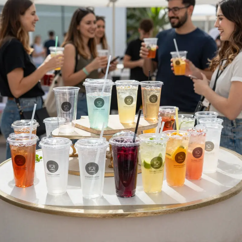 A table with assorted fancy clear plastic party cups filled with colorful beverages, and event guests enjoying drinks.