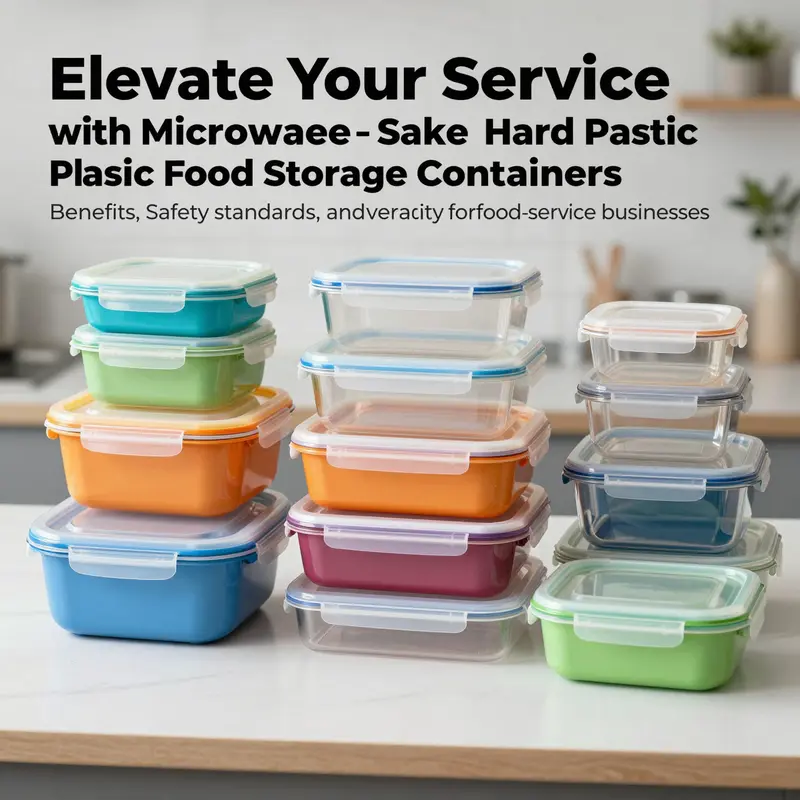 Colorful hard plastic food storage containers arranged on a table for kitchen use.