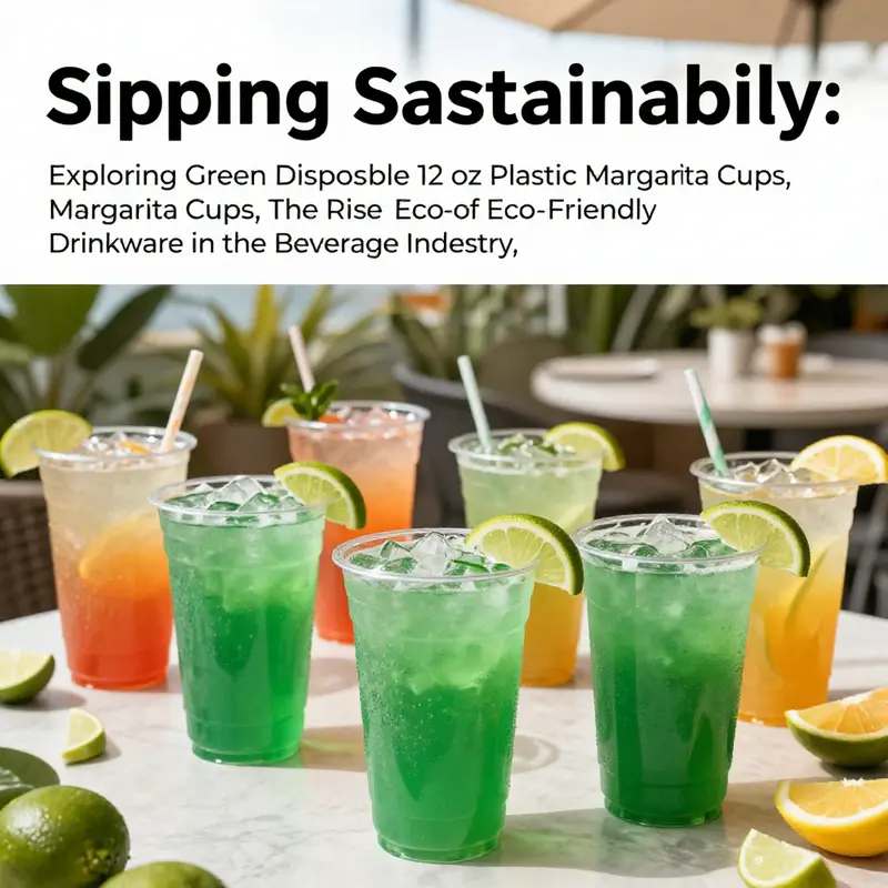 A sunny outdoor dining space with green biodegradable margarita cups filled with refreshing drinks.