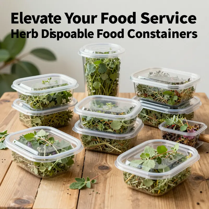 A colorful display of filled herb disposable food containers on a wooden table, emphasizing fresh herbs and innovative designs.