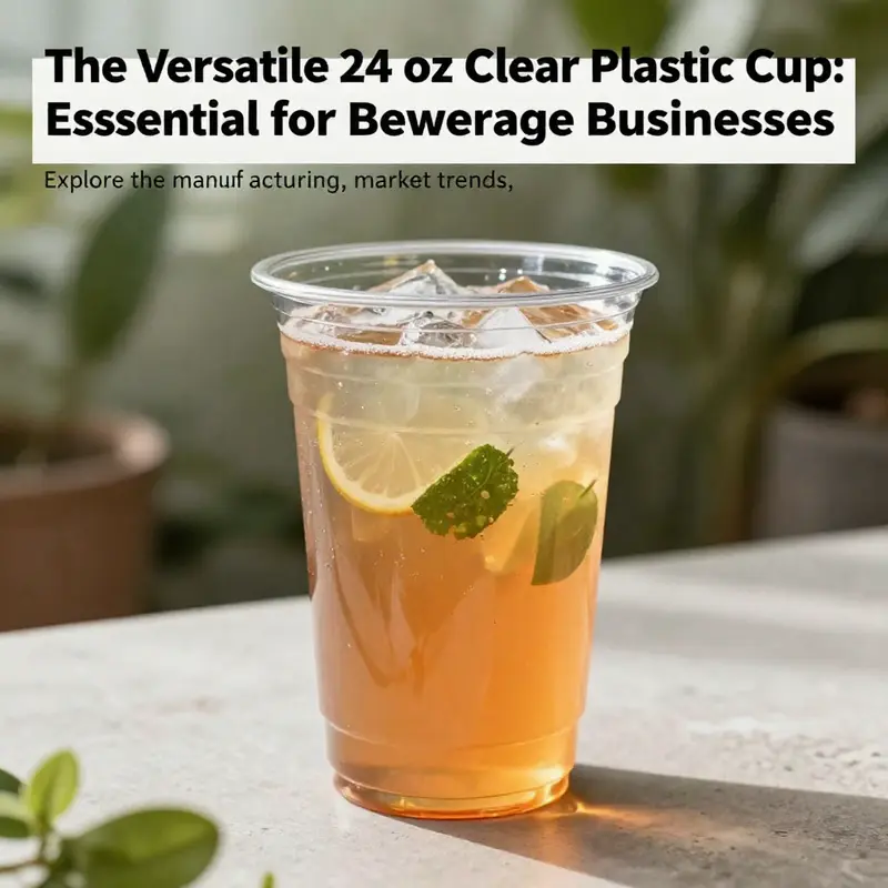 A 24 oz clear plastic cup filled with a colorful drink, displayed in an outdoor setting, highlighting its use.