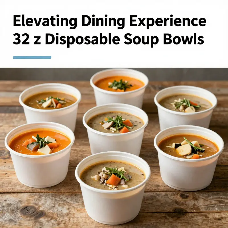 Beautifully presented 32 oz disposable soup bowls filled with different colorful soups on a wooden table.