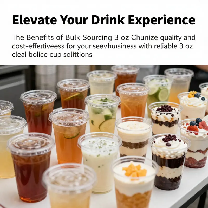 A colorful display of 3 oz clear plastic cups with beverages at a lively catering setup.