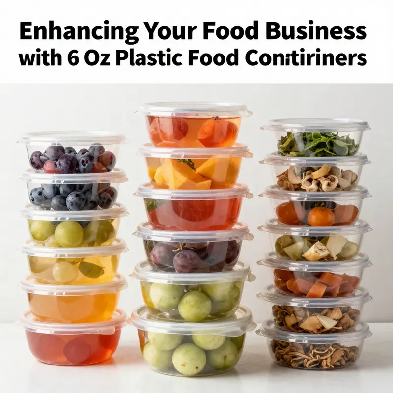 A compilation of 6 oz plastic food containers showcasing various food items and drinks, highlighting their practical applications.