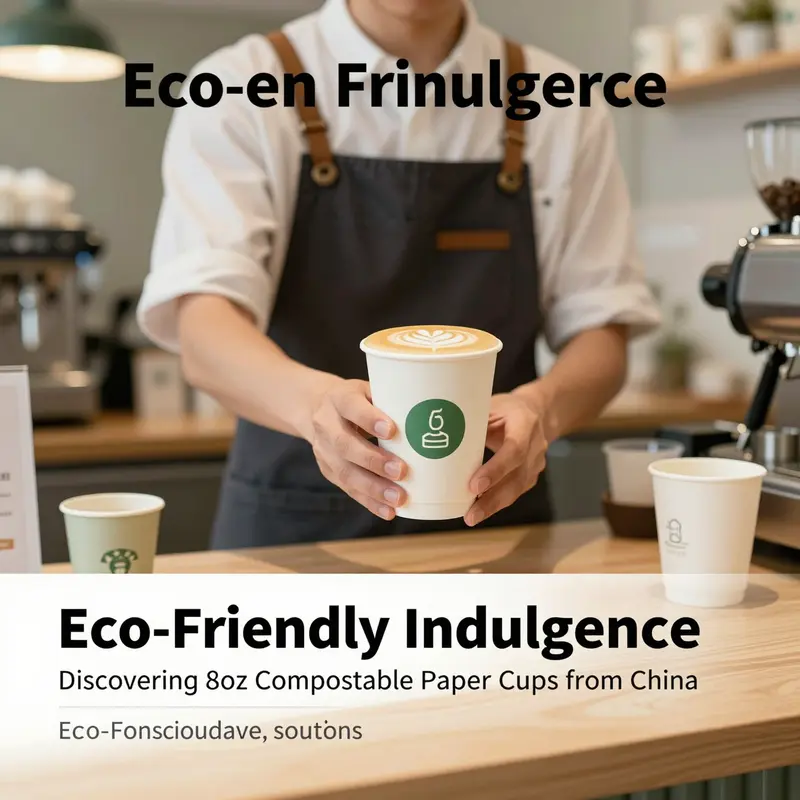 Barista smiling while serving coffee in 8oz compostable cups, emphasizing sustainability in beverage service.