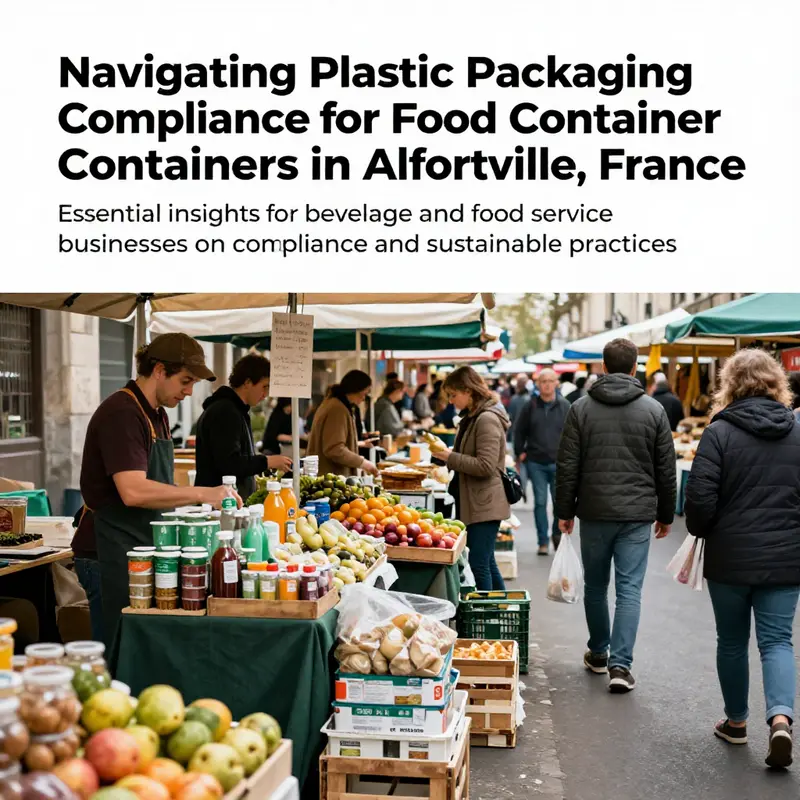 Bustling street market in Alfortville showcasing food vendors using compliant and eco-friendly plastic packaging.