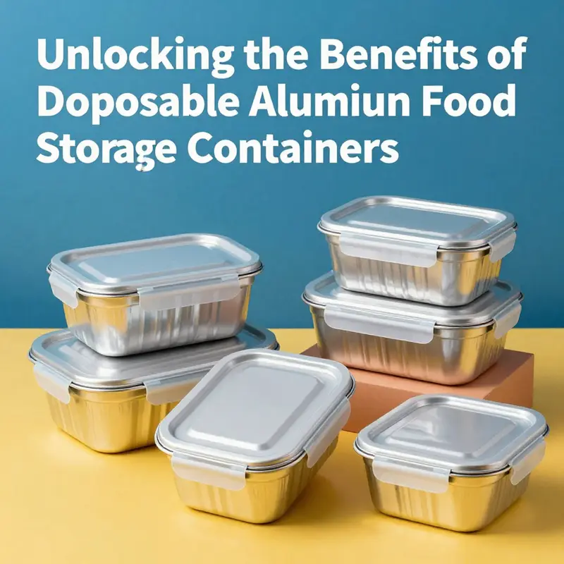 A colorful assortment of disposable aluminum food storage containers against a modern kitchen backdrop, showcasing their use in food service.