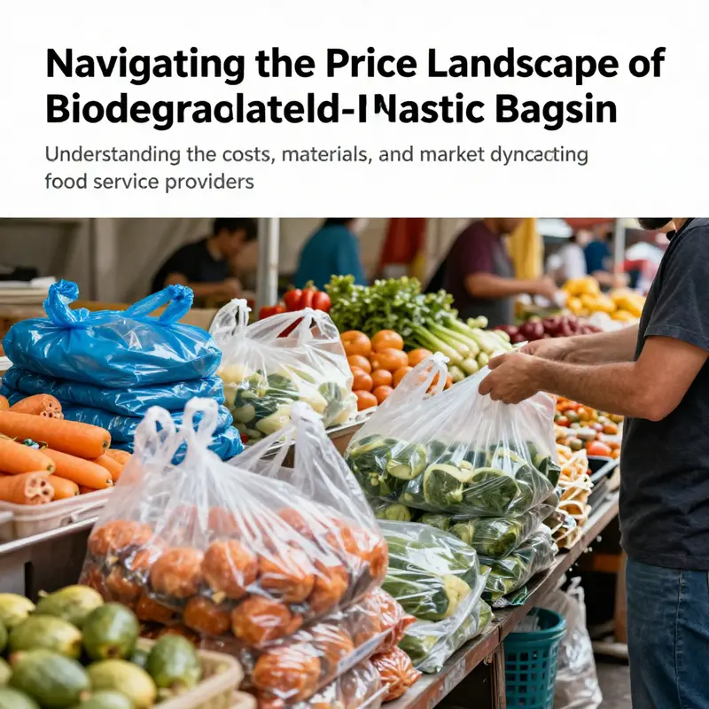A lively food market with biodegradable plastic bags prominently used for packaging, representing eco-friendly food service options.